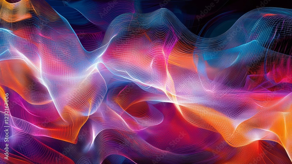 Poster ethereal fading lines connecting across a colorful digital canvas