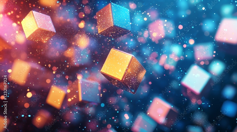 Poster floating digital cubes twinkling softly in a vibrant colorful background