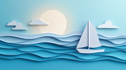Naklejka premium Sailing boat on a calm summer sea with Paper cut out effect