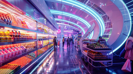 Futuristic grocery shopping concept capturing natural lighting and dynamic movement, highly detailed and vibrant, realistic yet creative depiction, emphasizing context and action
