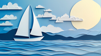 Naklejka premium Sailing boat on a calm summer sea with Paper cut out effect