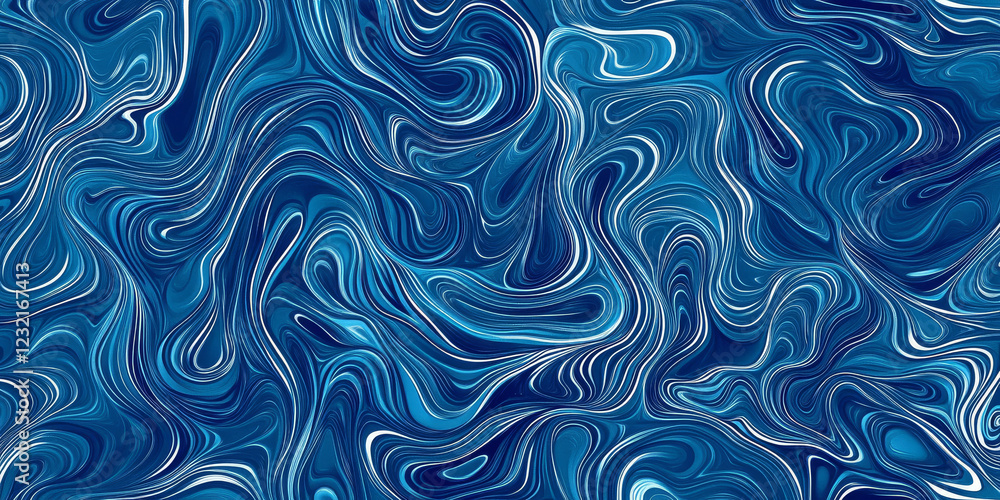 Poster abstract organic lines in deep blue, creating a flowing, harmonious pattern across the background. t