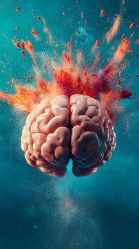 Human brain exploding with colorful powder on blue background