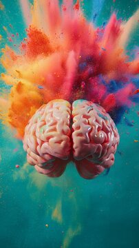 Human brain exploding with colorful powder paint