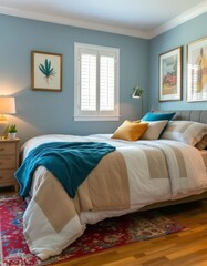 Obraz premium Serene Bedroom Sanctuary with Earthy Tones and Artistic Flair in Soft Light