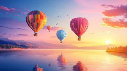 Fototapeta premium Posters with hot air balloon fly above sea or lake at night, sunset and day. Vector flyers of airship flight with cartoon flying bright hot air balloon with basket and reflection in water surface