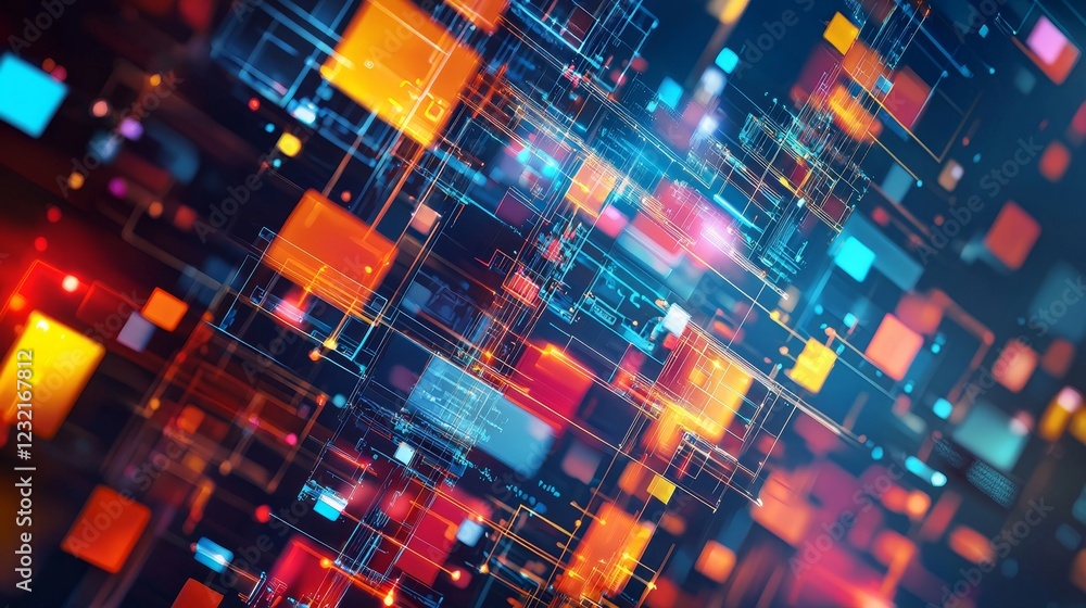 Poster abstract digital background with colorful floating fragments of data