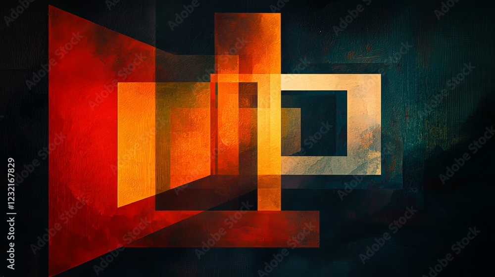 Poster glowing geometric shapes floating in a dark abstract background
