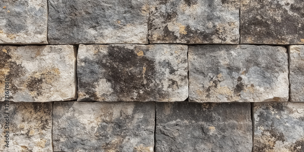 Poster rough texture of a vintage stone wall, featuring gray tones with patches of lichen and deep cracks. 