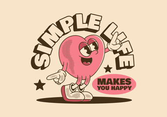 Happy heart character in happy dance illustration in retro pink colors