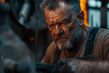 Generative AI depiction of a blacksmith forging metal with sparks flying during the working process