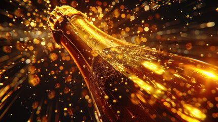 Fototapeta premium Golden champagne bottle visualized with a celebration with vibrant energy, highly detailed