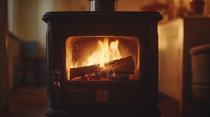 Burning Log in a Dark Wood Stove