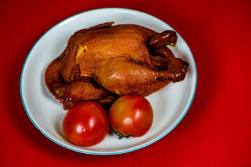 A traditional Chinese dish of roasted chicken, still life close-up
