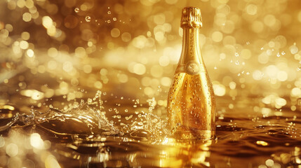Golden champagne bottle visualized with a creative and abstract approach, highly detailed