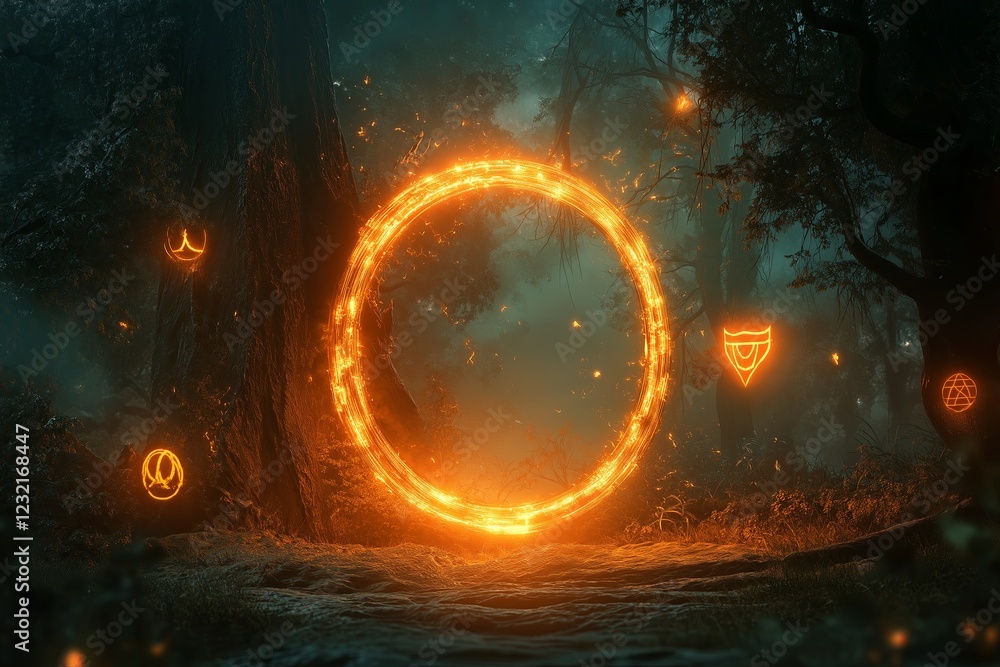 Poster a glowing portal in the middle of a dark forest, with mysterious symbols and a sense of adventure