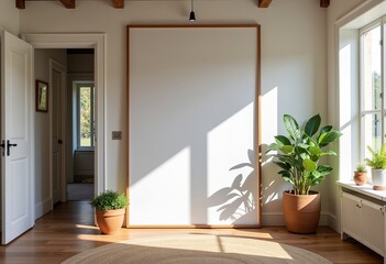 Obraz premium Editorial Country Entry: Large Blank Frame, White Paper, Bright Natural Light, Clean White Tones, Soft Daylight, Subtle Afternoon Shadows, Coastal Style, Lived-in Feel, Modern Home Design. 