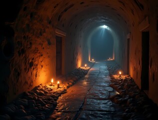 A labyrinth of underground corridors lit by rare candles
