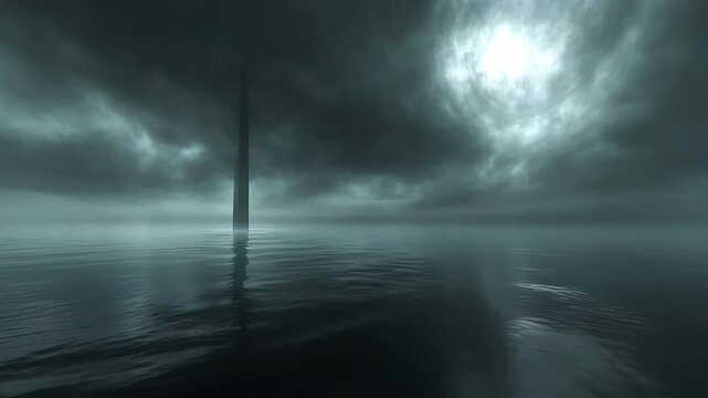 Ominous tower in foggy sea, stormy sky, mystery