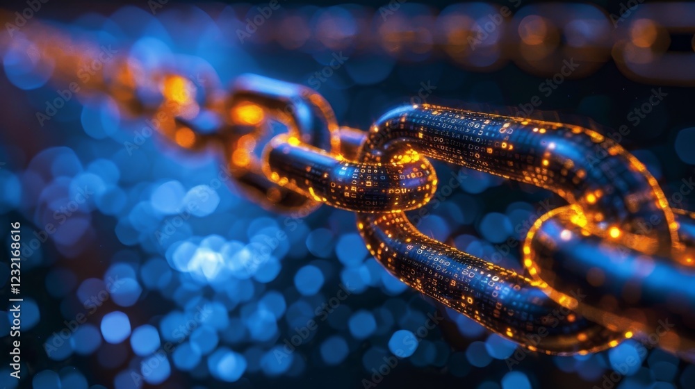 Fototapete Glowing chain links are intertwined with binary code patterns, creating a visually stunning display of technology and digital communication against a soft blue backdrop.
