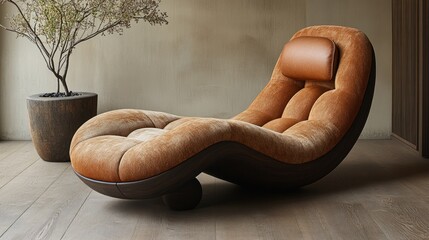 Luxurious curved chaise lounge in brown velvet with wooden base.