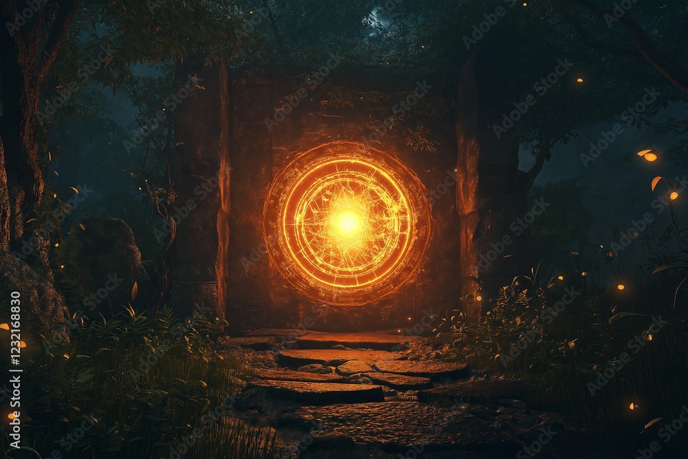 Poster a glowing portal in the middle of a dark forest, with mysterious symbols and a sense of adventure