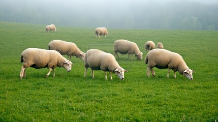Obraz premium Flock of sheep grazing peacefully on a lush green pasture, enjoying the tranquil atmosphere of a misty morning in the serene countryside landscape