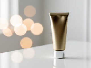 Blank gold cosmetic tube on white background