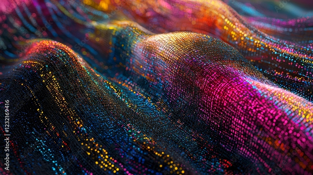Poster glowing threads weaving a colorful tapestry of digital data patterns