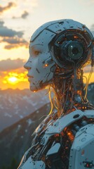Fototapeta premium Futuristic female android admiring sunset over mountain landscape
