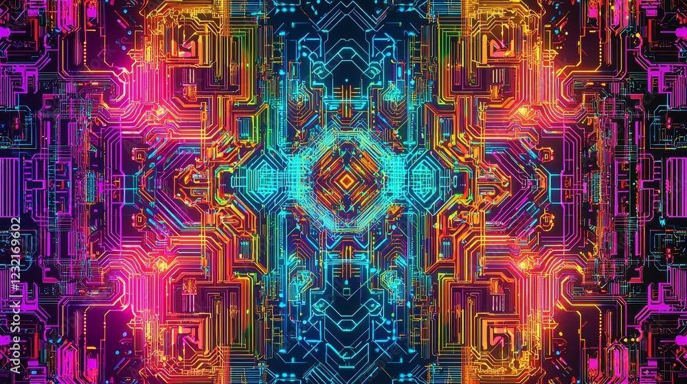 Poster intricate illuminated circuit board patterns in vibrant colors
