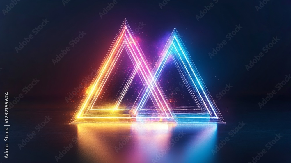 Poster dynamic geometric triangles illuminated with vibrant neon colors in 4k resolution