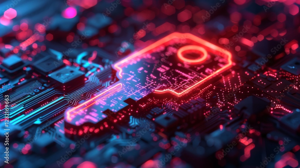 Fototapete A vibrant digital key design glows against a dark circuit board, highlighting intricate electronic components and patterns in a high tech setting, emphasizing security and innovation.