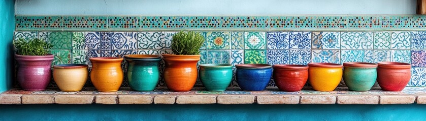 A Vibrant Display of Colorful Artisan Pots Arranged on a Moroccan Tile Backdrop The clean and organized setup showcases the pots' vibrant patterns and rich hues, creating a visually stunning and