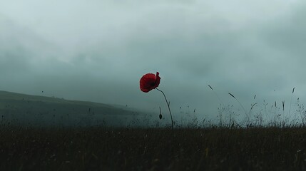 Solitary Poppy in a Foggy Field Landscape
