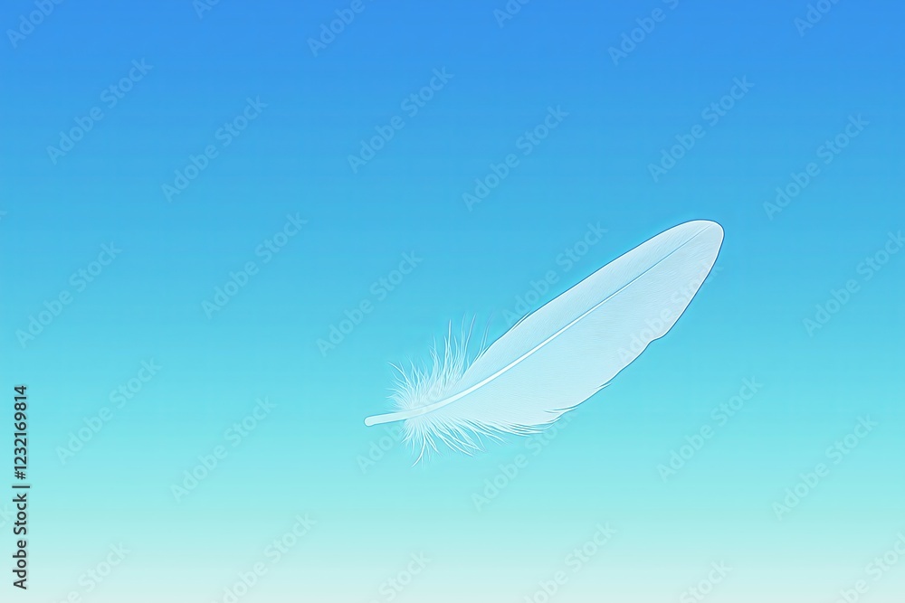 Poster a gradient background blending shades of blue and white, with a single floating feather, simple and 