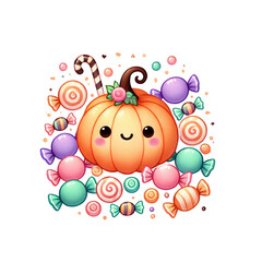 A cheerful pumpkin surrounded by colorful candies, perfect for Halloween or autumn-themed decorations and festive celebrations.