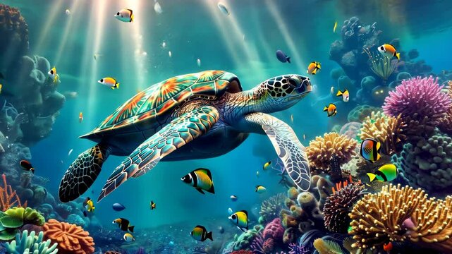 turtle with Colorful tropical fish and animal sea life in the coral reef, animals of the underwater sea world 