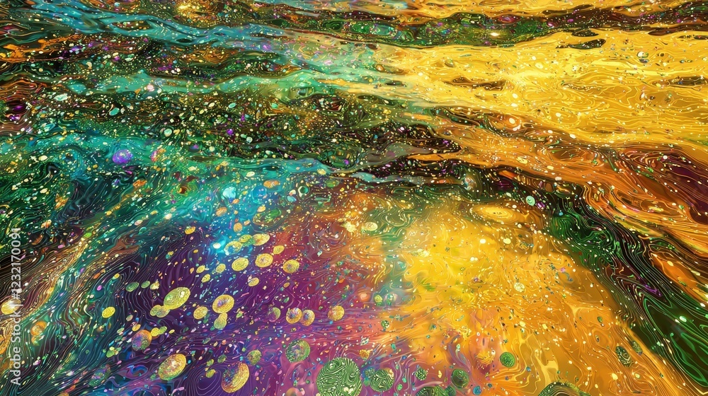 Poster cascading liquid light in digital landscape with abstract color patterns