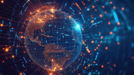 Fototapeta premium A glowing digital globe with interconnected trade routes, futuristic holographic lines, and AI-driven data analytics, set against a dark blue cyberspace background. 