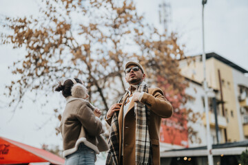 A stylish young couple enjoying a chilly autumn day outdoors. The scene captures their fashionable attire with a backdrop of urban architecture and fall foliage, conveying warmth and companionship.