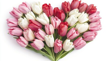 Obraz premium A vibrant set of assorted tulips in red, pink, and white tones, freshly cut and arranged in a heart shape, isolated on a clean white background