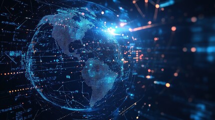 Obraz premium A glowing digital globe with interconnected trade routes, futuristic holographic lines, and AI-driven data analytics, set against a dark blue cyberspace background. 