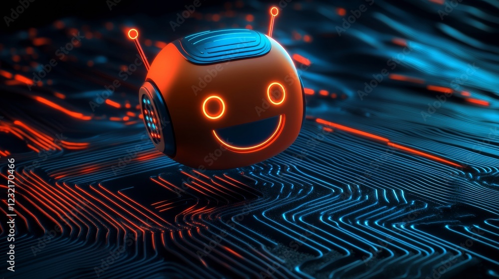 Poster cute orange robot smiling and hovering over circuit board