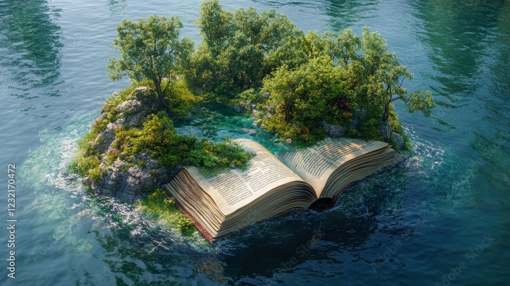 Poster open book floating on water with island and trees growing from it