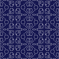 Sashiko Japanese stitch embroidery ethnic abstract artwork seamless geometric pattern printed background fabric wallpaper hand drawn line indigo white template
