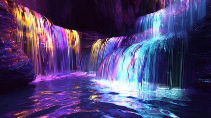 Luminous Digital Waterfall with Cascading Colors and Vibrant Shapes