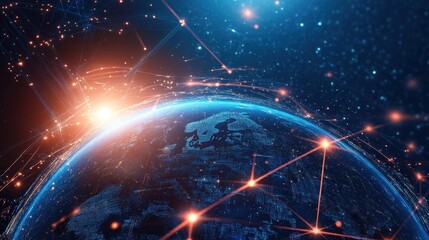 Obraz premium A glowing digital globe with interconnected trade routes, futuristic holographic lines, and AI-driven data analytics, set against a dark blue cyberspace background. 