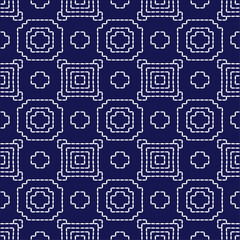Sashiko Japanese stitch embroidery ethnic abstract artwork seamless geometric pattern printed background fabric wallpaper hand drawn line indigo white template
