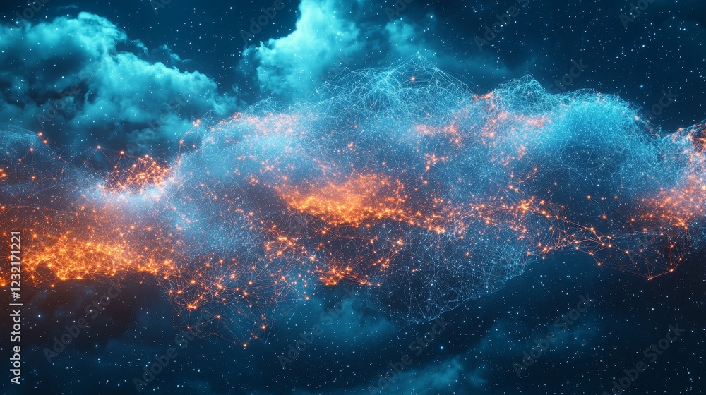 Poster pulsating data clouds twisting in space with glowing particles and stars